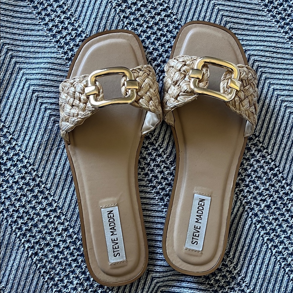 Steve Madden Tan Woven Sandals with Gold Buckle